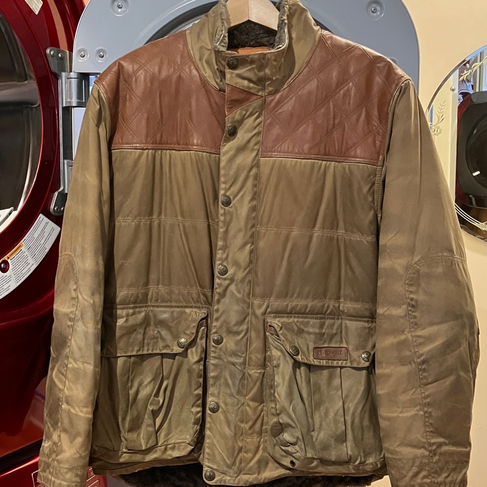 J Powell Brown and Tan waxed Quilted Field Jacket.